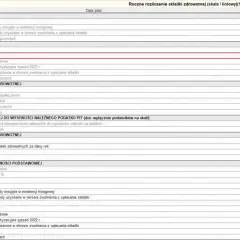 Roczna podstawa składki zdrowotnej: różnica przychodów i kosztów 202 074,57 zł, dochód po odliczeniu składek 185 761,74 zł.