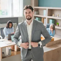Uśmiechnięty mężczyzna w garniturze, pracownicy w tle. Rozmowa o spółka cywilna podatki.