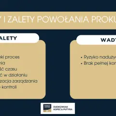 Wady i zalety powołania prokurenta: łatwy proces, oszczędność czasu, elastyczność, profesjonalizacja, ale też ryzyko nadużyć i brak pełnej kontroli.