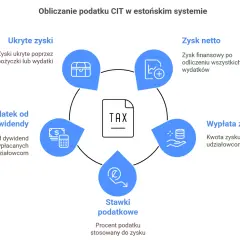 Schemat estońskiego systemu CIT: ukryte zyski (np. z pożyczek), zysk netto, wypłata zysku, stawki podatkowe, podatek od dywidendy.