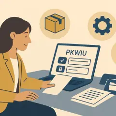 Kobieta pracuje przy komputerze, na ekranie PKWIU. Rozliczenie VAT przy sprzedaży nieruchomości przez spółkę.