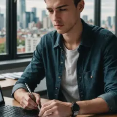 Mężczyzna przy biurku analizuje dane na laptopie, przygotowując rachunek za media dla najemcy wzór.