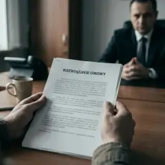 Mężczyzna trzyma dokument "Rozwiązanie umowy", przygotowując się na odejście z pracy. W tle siedzi przełożony.