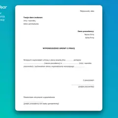 Gotowy wzór wypowiedzenia umowy o pracę. Dokument zawiera pola na dane pracownika, pracodawcy oraz treść wypowiedzenia.