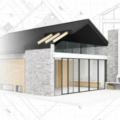 Nowoczesny dom z kamienia i drewna, z dużymi przeszkleniami, na tle planów architektonicznych. Istotne odstąpienie od projektu budowlanego widoczne w detalach.