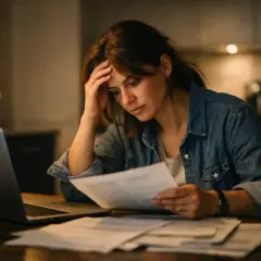 Zmartwiona kobieta z ręką na czole przegląda dokumenty przy laptopie. Czy to jej czynny żal?