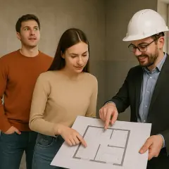 Architekt z planem domu pokazuje parze dodatek funkcyjny, omawiając szczegóły projektu.
