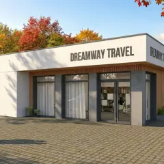 Nowoczesny budynek pod działalność gospodarczą "Dreamway Travel" z jesiennymi drzewami w tle.