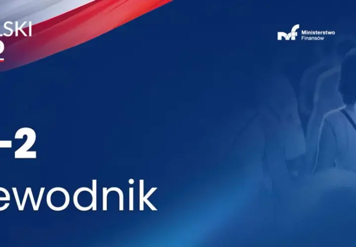 Przewodnik po PIT-2. Logo Polskiego Ładu i Ministerstwa Finansów. Tło z rozmytymi sylwetkami ludzi.