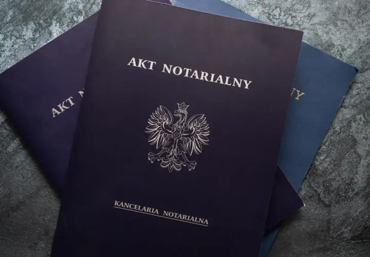 Akt notarialny, symbol orła i pieczęć kancelarii. Dokumenty niezbędne do kupna i sprzedaży nieruchomości na własny rachunek.