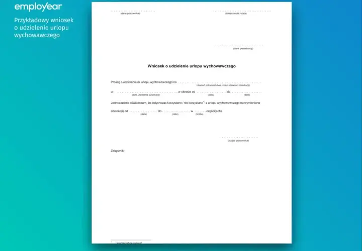Wniosek o urlop wychowawczy. Dokument zawiera pola do wypełnienia dotyczące danych pracownika, dziecka i okresu urlopu, a także oświadczenie o korzystaniu z urlopu. Pytanie: czy urlop wychowawczy wlicza się do stażu pracy?