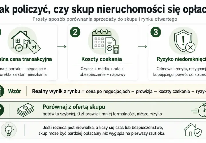 Porównanie sprzedaży mieszkania: realna cena, koszty czekania, ryzyko. Skup nieruchomości to szybsza gotówka i niższe ryzyko.