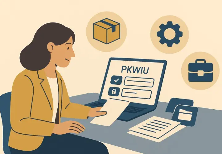 Kobieta pracuje przy komputerze, na ekranie PKWIU. Rozliczenie VAT przy sprzedaży nieruchomości przez spółkę.