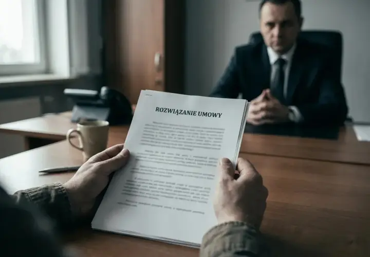 Mężczyzna trzyma dokument "Rozwiązanie umowy", przygotowując się na odejście z pracy. W tle siedzi przełożony.