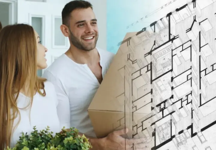 Para młoda z kartonem i rośliną, obok plan architektoniczny. Wycofanie nieruchomości z działalności gospodarczej wzór.