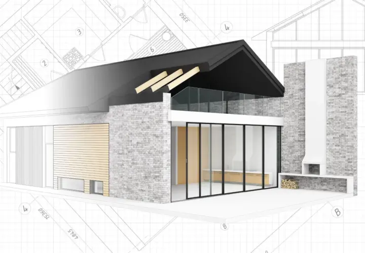 Nowoczesny dom z kamienia i drewna, z dużymi przeszkleniami, na tle planów architektonicznych. Istotne odstąpienie od projektu budowlanego widoczne w detalach.