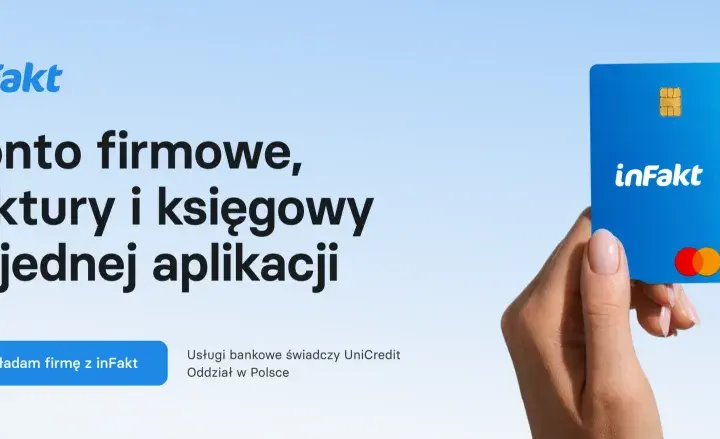 Pomoc w założeniu firmy z inFakt: konto, faktury i księgowość w jednej aplikacji. Karta firmowa w ręku.