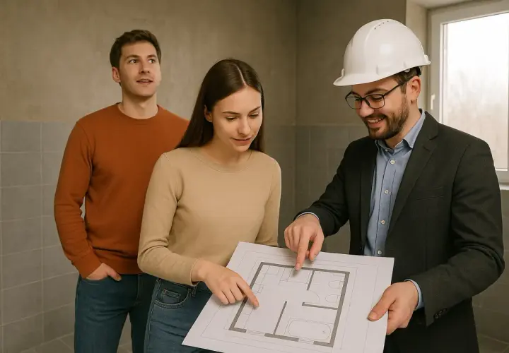 Architekt z planem domu pokazuje parze dodatek funkcyjny, omawiając szczegóły projektu.