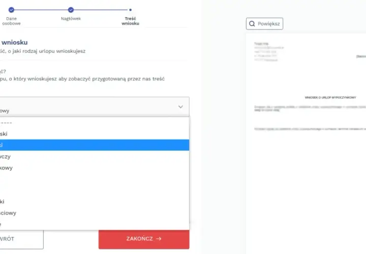 Wybieranie rodzaju urlopu, np. urlop bezpłatny, a ZUS. Formularz wniosku o urlop.