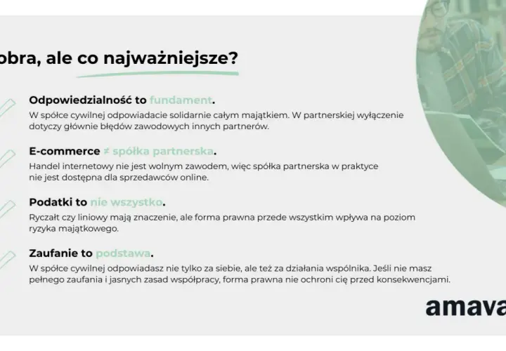 Przekształcenie jednoosobowej działalności w spółkę cywilną: odpowiedzialność, e-commerce, podatki i zaufanie.