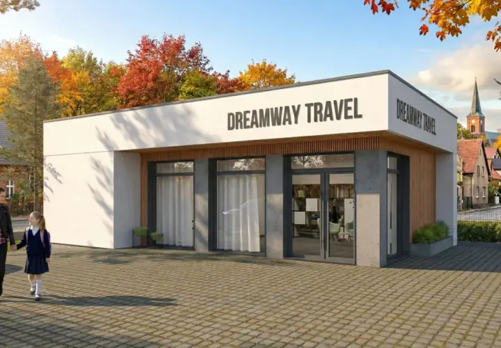 Nowoczesny budynek pod działalność gospodarczą "Dreamway Travel" z jesiennymi drzewami w tle.