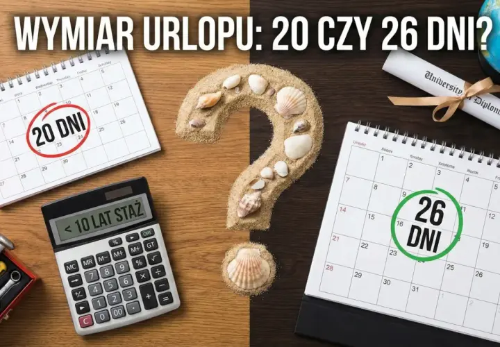 Kalkulator, kalendarze z zaznaczonymi 20 i 26 dniami urlopu, piasek z muszlami i dyplom. Ile dni urlopu przysługuje?