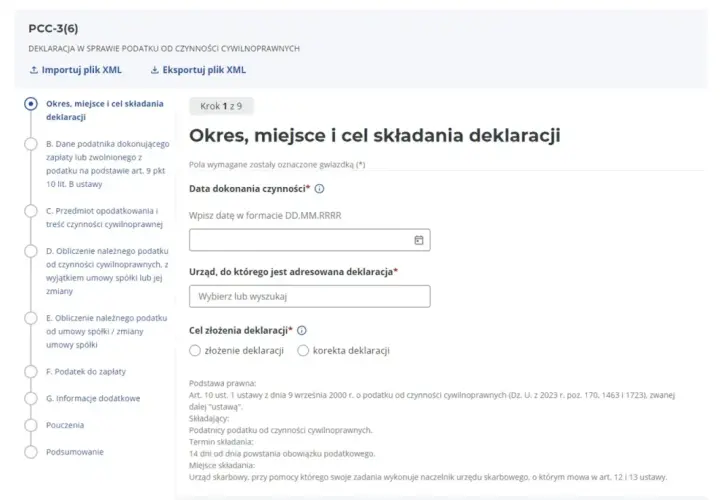 Formularz PCC-3(6) - Okres, miejsce i cel składania deklaracji. Uzupełnij datę dokonania czynności, urząd skarbowy i cel złożenia deklaracji.