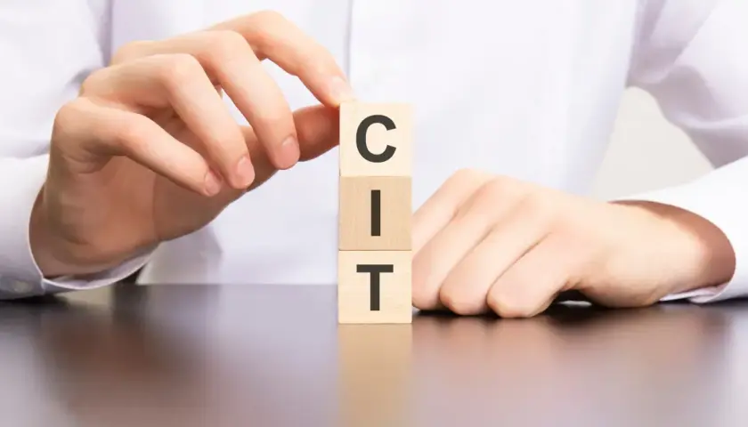 Dłonie układają kostki z literami C, I, T, tworząc słowo "CIT".