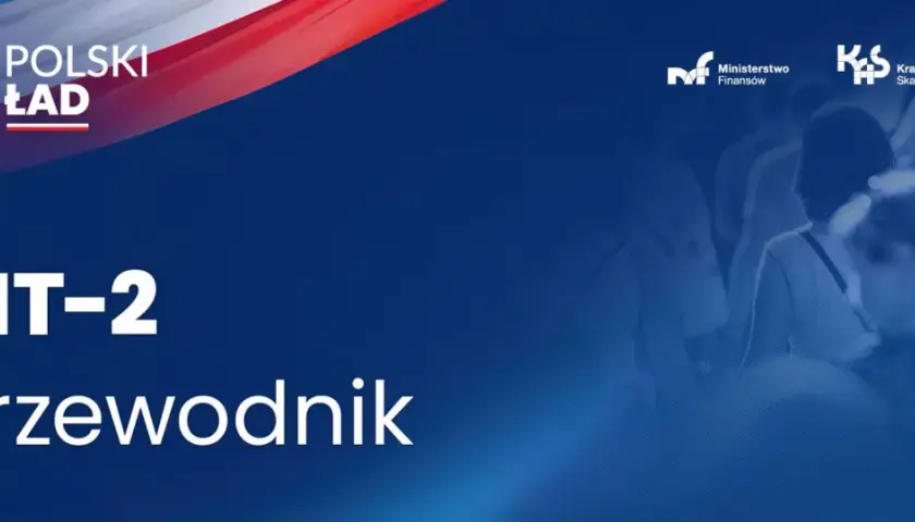 Przewodnik po PIT-2. Logo Polskiego Ładu i Ministerstwa Finansów. Tło z rozmytymi sylwetkami ludzi.