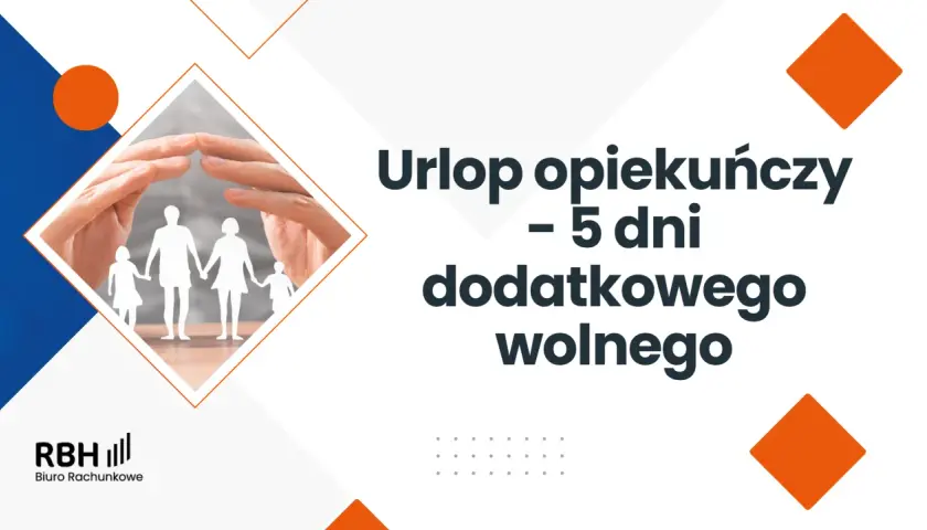 Urlop opiekuńczy bezpłatny: 5 dni dodatkowego wolnego. Dłonie chroniące sylwetki rodziny.