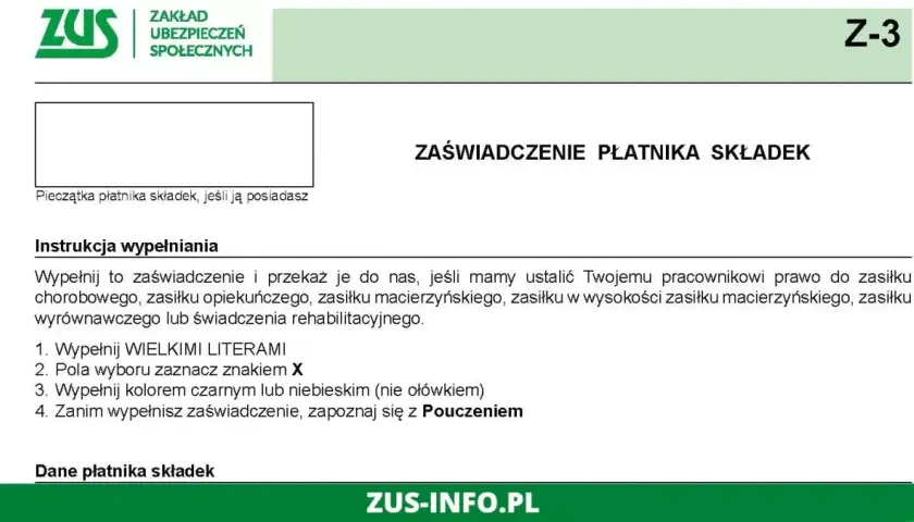 Zaświadczenie Z-3 ZUS, przykładowo wypełnione, zawiera instrukcje dotyczące ustalania prawa do zasiłków.
