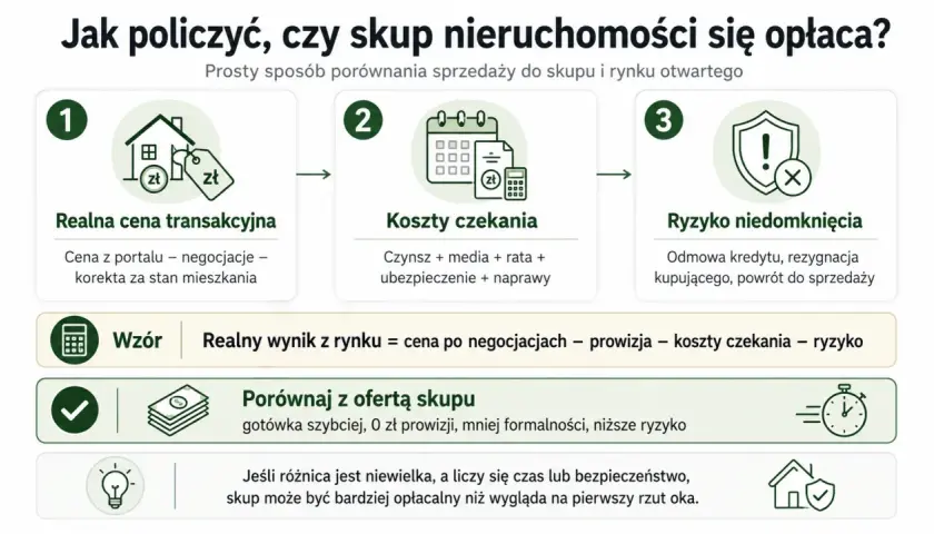 Porównanie sprzedaży mieszkania: realna cena, koszty czekania, ryzyko. Skup nieruchomości to szybsza gotówka i niższe ryzyko.