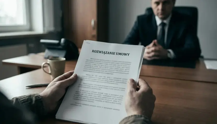 Mężczyzna trzyma dokument "Rozwiązanie umowy", przygotowując się na odejście z pracy. W tle siedzi przełożony.