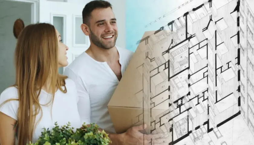 Para młoda z kartonem i rośliną, obok plan architektoniczny. Wycofanie nieruchomości z działalności gospodarczej wzór.