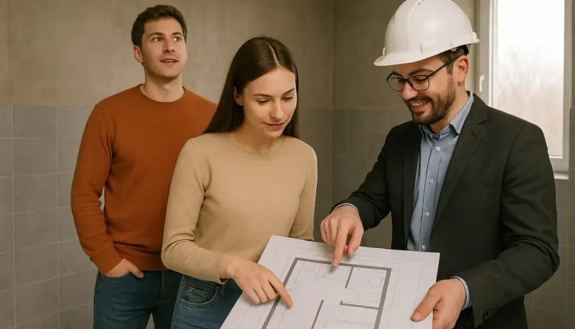 Architekt z planem domu pokazuje parze dodatek funkcyjny, omawiając szczegóły projektu.