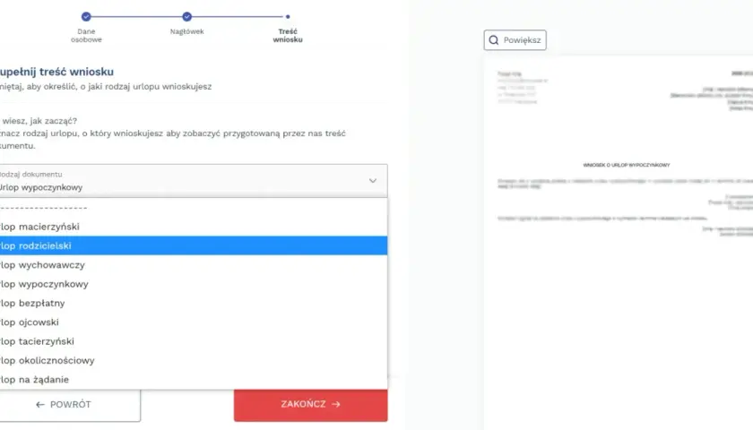 Wybieranie rodzaju urlopu, np. urlop bezpłatny, a ZUS. Formularz wniosku o urlop.