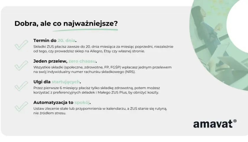 Jak płacić ZUS w działalności gospodarczej? Terminy, jeden przelew, ulgi dla startujących i automatyzacja. ZUS to rutyna, nie stres.
