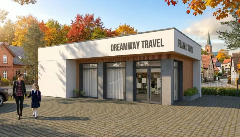 Nowoczesny budynek pod działalność gospodarczą "Dreamway Travel" z jesiennymi drzewami w tle.