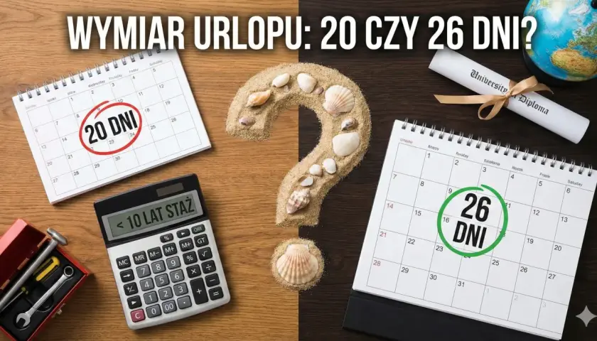 Kalkulator, kalendarze z zaznaczonymi 20 i 26 dniami urlopu, piasek z muszlami i dyplom. Ile dni urlopu przysługuje?