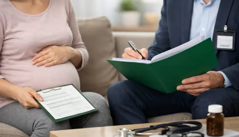 Kobieta w zaawansowanej ciąży, l4 w ciąży, rozmawia z lekarzem, który notuje informacje.