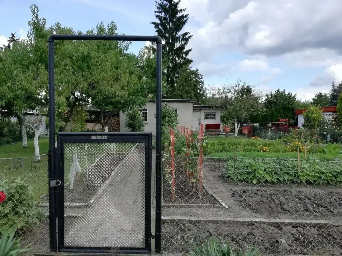 Brama do ogrodu działkowego. Widać grządki z warzywami i drzewa. Ile działek można sprzedać w ciągu roku?