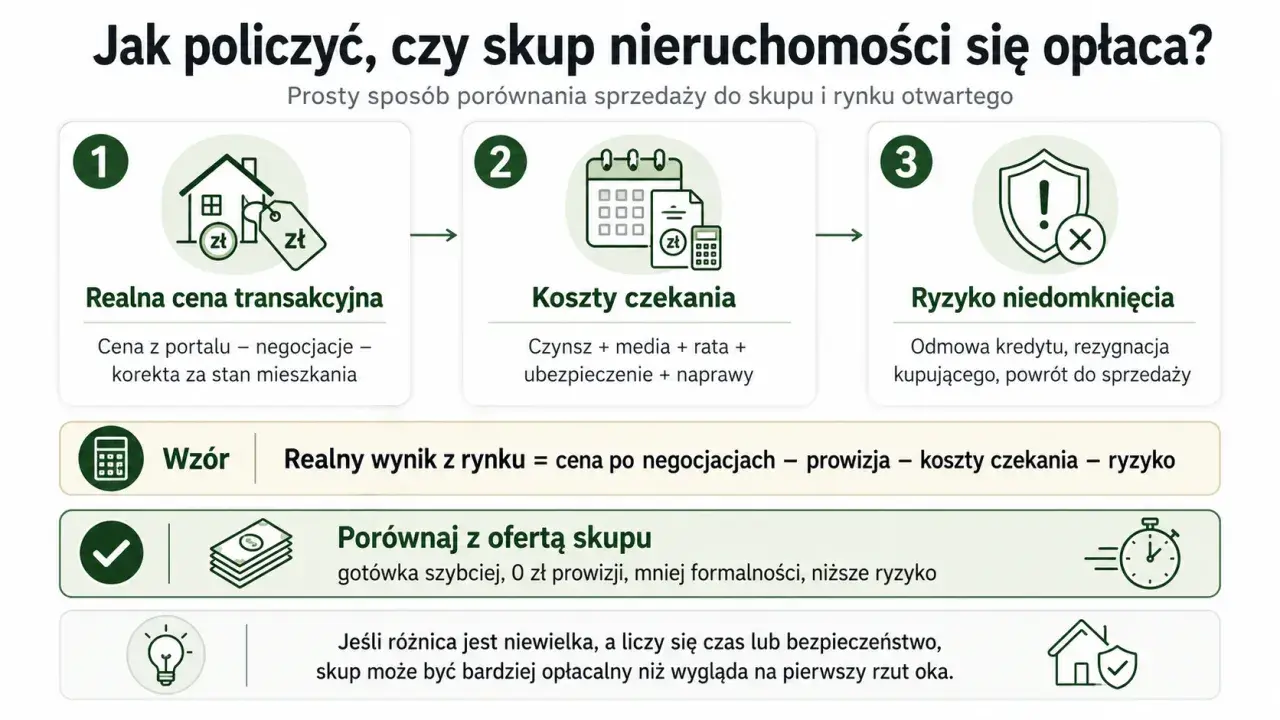 Porównanie sprzedaży mieszkania: realna cena, koszty czekania, ryzyko. Skup nieruchomości to szybsza gotówka i niższe ryzyko.