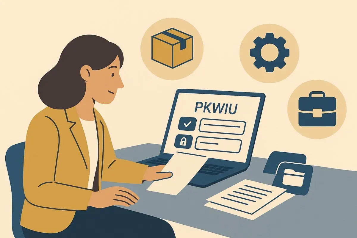 Kobieta pracuje przy komputerze, na ekranie PKWIU. Rozliczenie VAT przy sprzedaży nieruchomości przez spółkę.