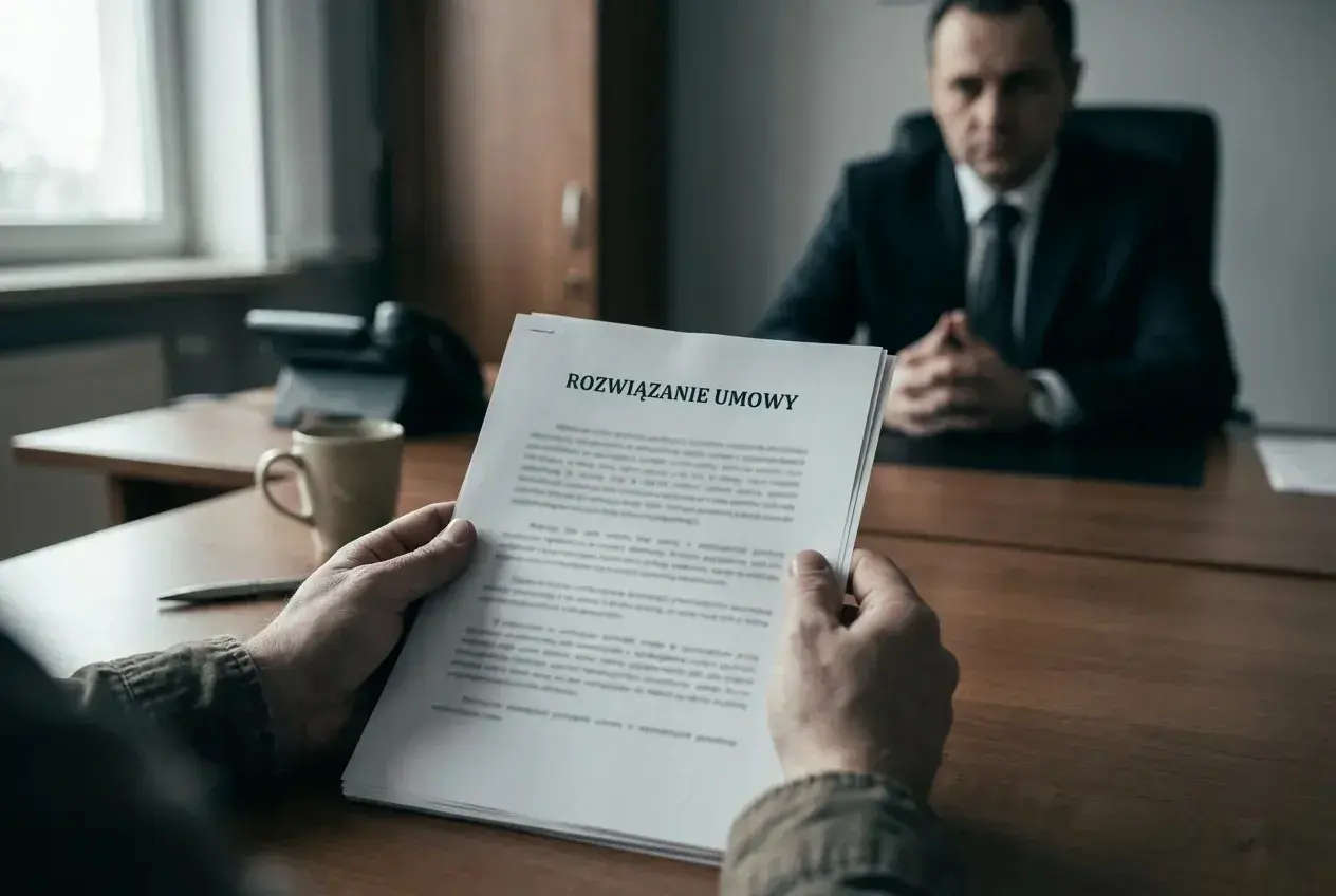 Mężczyzna trzyma dokument "Rozwiązanie umowy", przygotowując się na odejście z pracy. W tle siedzi przełożony.