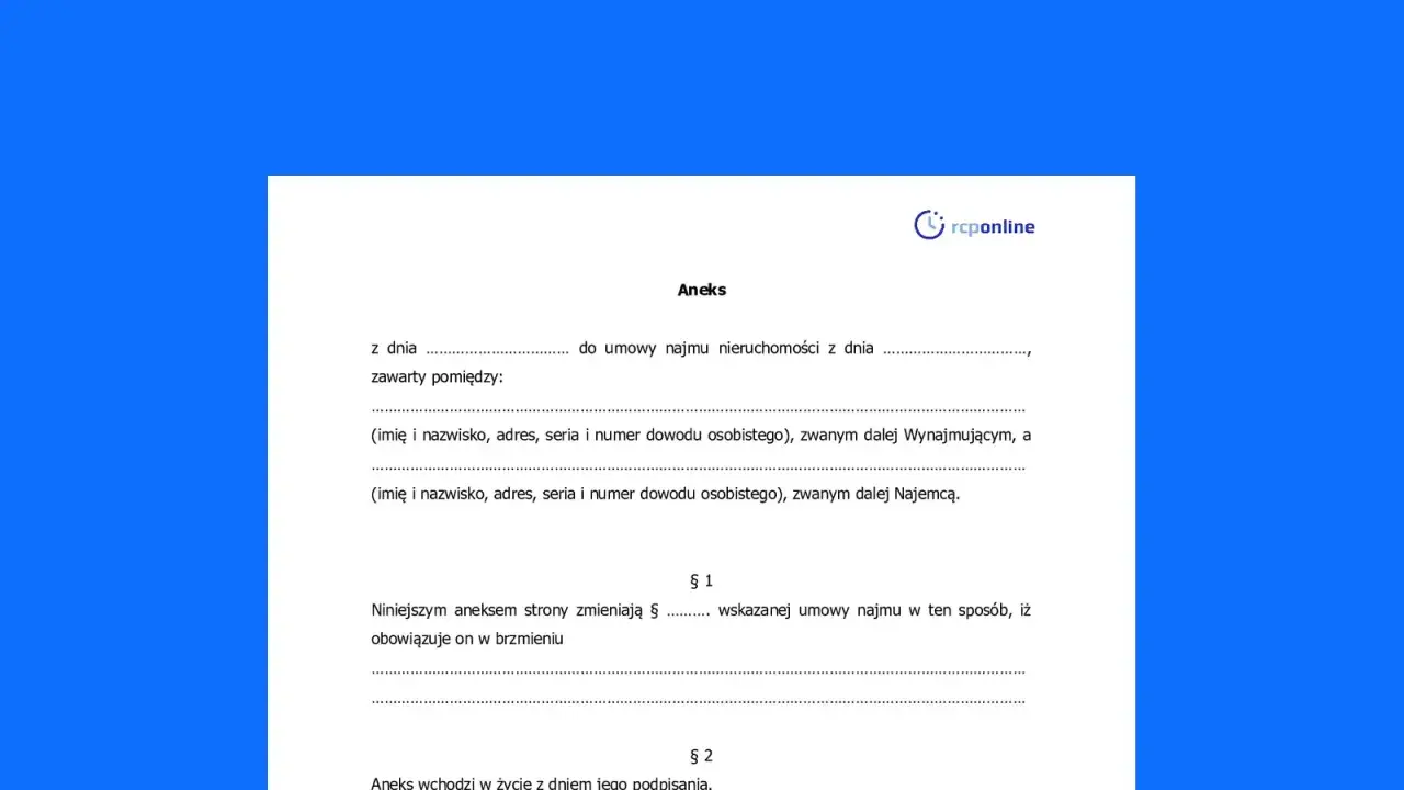 Aneks do umowy najmu mieszkania, zawierający dane stron i zmiany w warunkach najmu.