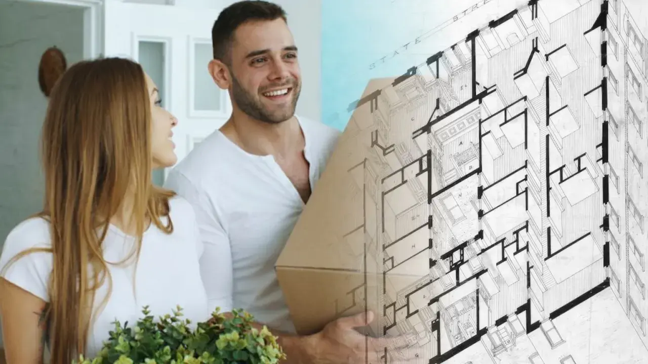 Para młoda z kartonem i rośliną, obok plan architektoniczny. Wycofanie nieruchomości z działalności gospodarczej wzór.