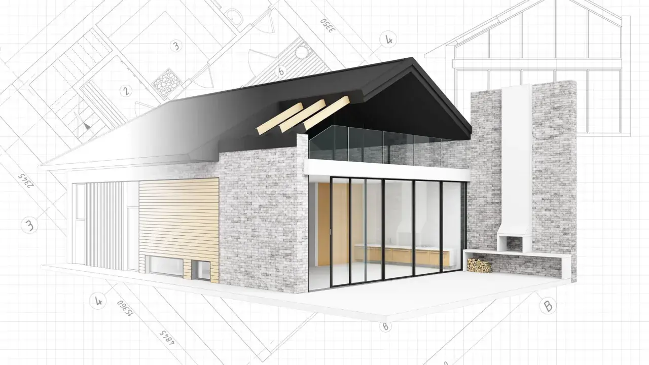 Nowoczesny dom z kamienia i drewna, z dużymi przeszkleniami, na tle planów architektonicznych. Istotne odstąpienie od projektu budowlanego widoczne w detalach.