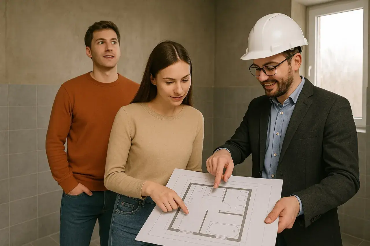 Architekt z planem domu pokazuje parze dodatek funkcyjny, omawiając szczegóły projektu.