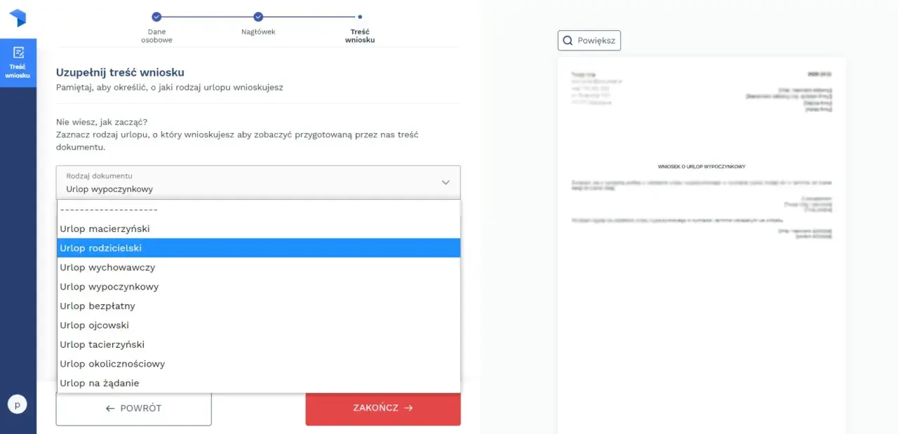 Wybieranie rodzaju urlopu, np. urlop bezpłatny, a ZUS. Formularz wniosku o urlop.