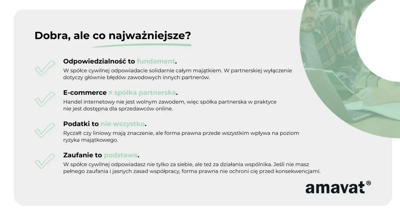 Przekształcenie jednoosobowej działalności w spółkę cywilną: odpowiedzialność, e-commerce, podatki i zaufanie.